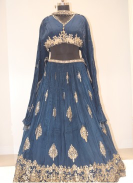 Navy Blue Bliss: Georgette Lehenga Choli with Hand