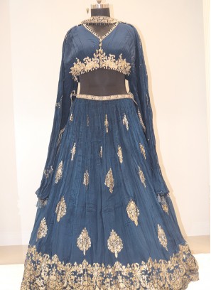 Navy Blue Bliss: Georgette Lehenga Choli with Handwork Embellishments