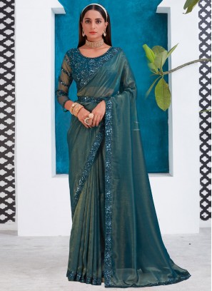 Turquoise Border Silk Contemporary Style Saree