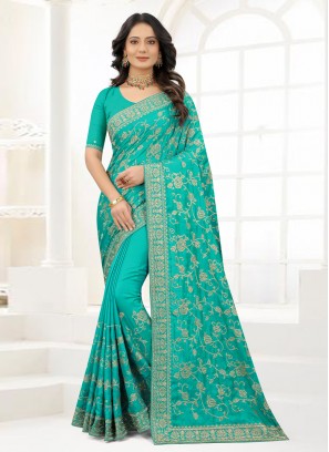 Turquoise Ceremonial Satin Silk Traditional Saree