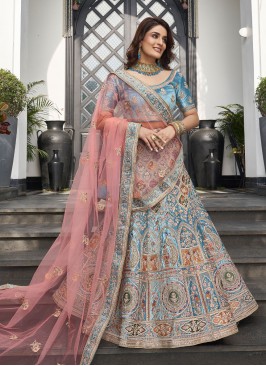 Turquoise Ceremonial Velvet A Line Lehenga Choli