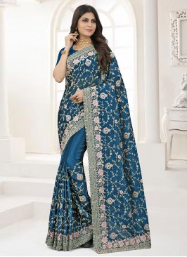 Turquoise Chinon Embroidered Designer Saree