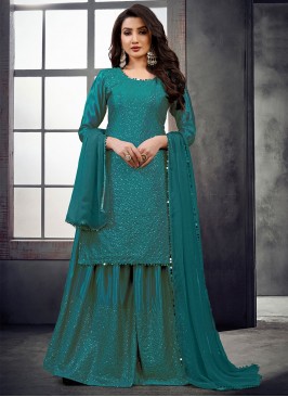 Turquoise Chinon Festival Designer Salwar Suit