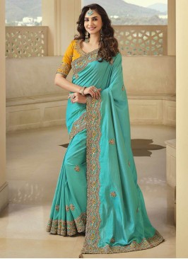 Turquoise Color Art Silk Embroidered Saree