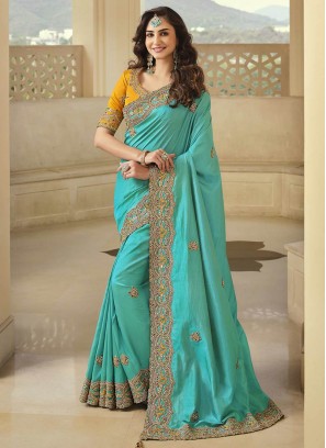 Turquoise Color Art Silk Embroidered Saree