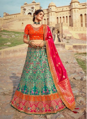 Turquoise Color Banarasi Silk Lehenga