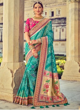 Turquoise Color Bandhej Print Saree
