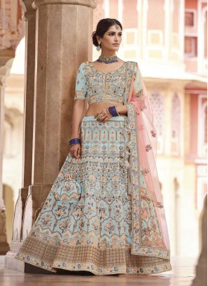 Turquoise Color Crepe Sequins Work Lehenga