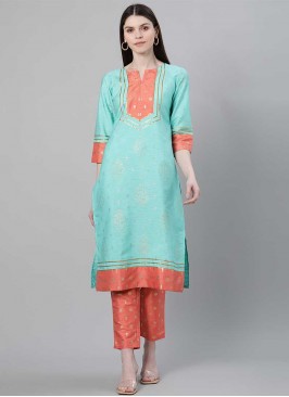 Turquoise Color Georgette And Crepe Kurti With Bottom