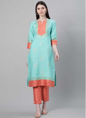 Turquoise Color Georgette And Crepe Kurti With Bottom