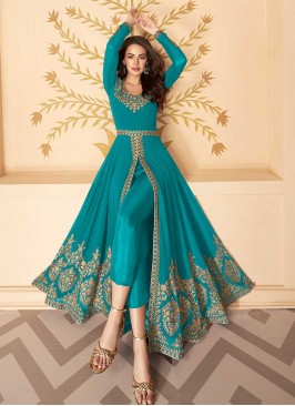 Turquoise Color Georgette Embroidered Front Cut Suit