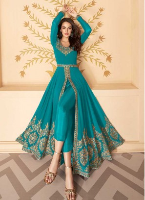 Turquoise Color Georgette Embroidered Front Cut Suit
