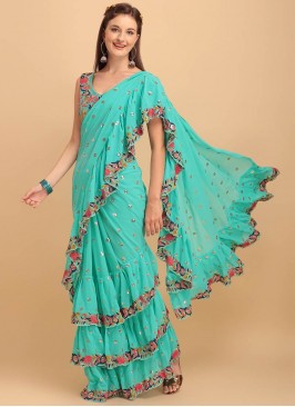 Turquoise Color Georgette Embroidered Ruffle Saree