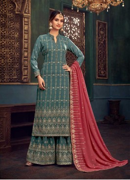 Turquoise Color Georgette Latest Palazzo Suit