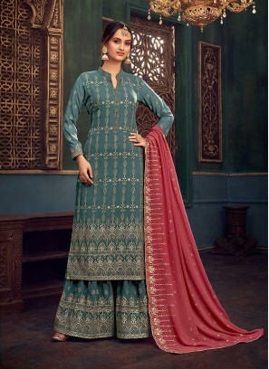 Turquoise Color Georgette Latest Palazzo Suit