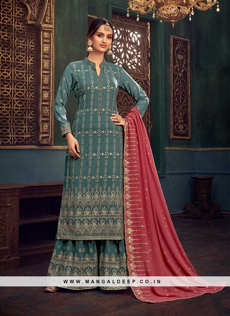 Turquoise Color Georgette Latest Palazzo Suit