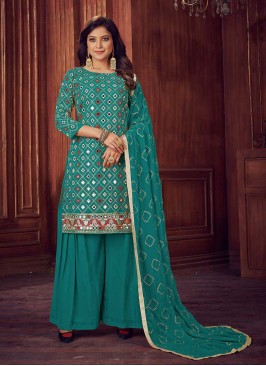 Turquoise Color Georgette Mirror Work Sharara Suit
