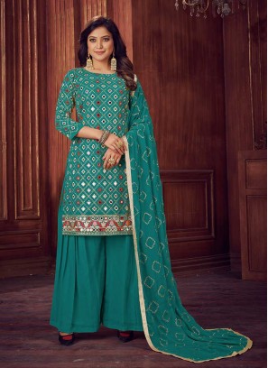 Turquoise Color Georgette Mirror Work Sharara Suit