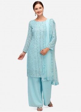 Turquoise Color Georgette Sequins Work Suit