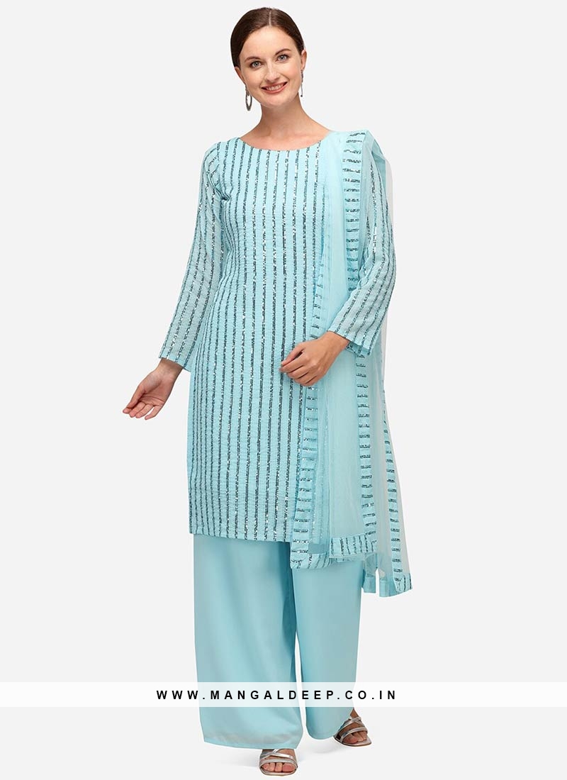 Turquoise Color Georgette Sequins Work Suit