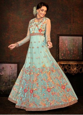 Turquoise Color Net Embroidered Anarkali Suit