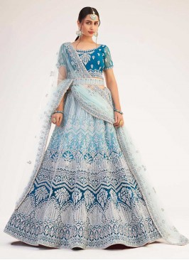 Turquoise Color Net Embroidered Lehenga