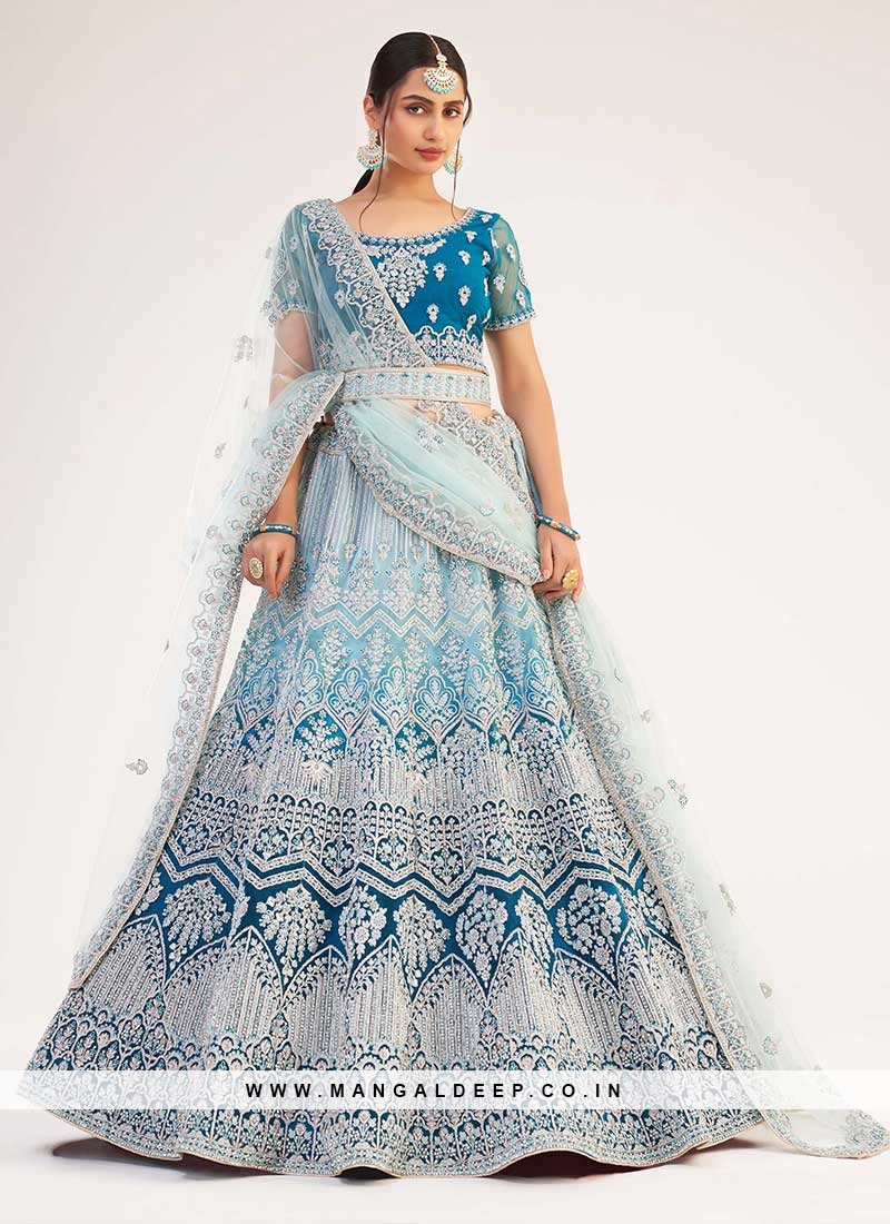 Turquoise Color Net Embroidered Lehenga