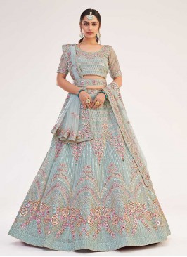 Turquoise Color Net Embroidered Lehenga