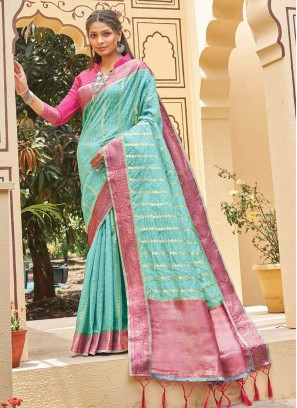 Turquoise Color Organza Festive Wear Saree