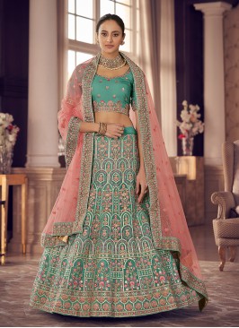 Turquoise Color Organza Zarkan Work Lehenga