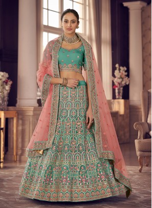 Turquoise Color Organza Zarkan Work Lehenga