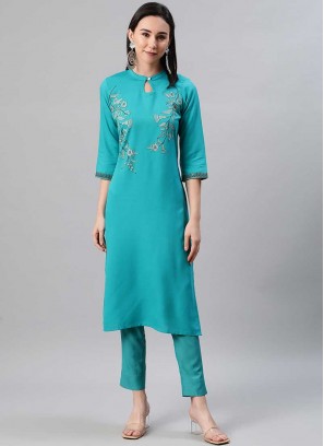 Turquoise Color Rayon Kurti With Bottom