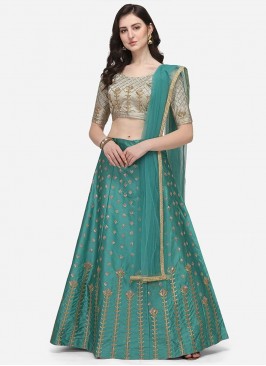 Turquoise Color Satin Embroidered Lehenga