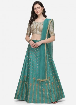 Turquoise Color Satin Embroidered Lehenga