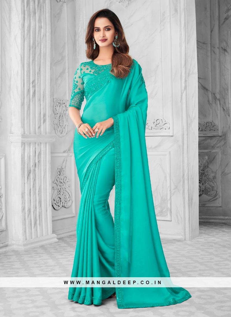 Turquoise Color Satin Silk Fancy Saree