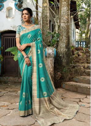 Turquoise Color Silk Dazzling Saree