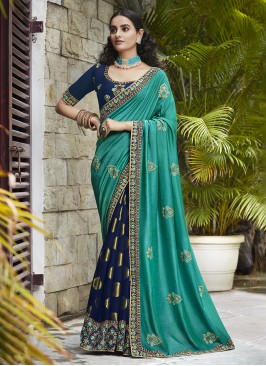 Turquoise Color Silk Embroidered Saree