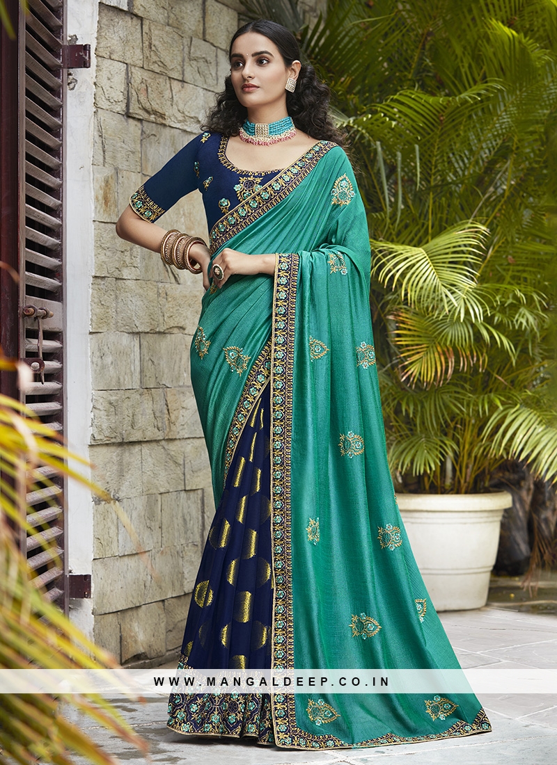 Turquoise Color Silk Embroidered Saree