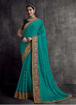 Turquoise Color Silk Lace Border Saree