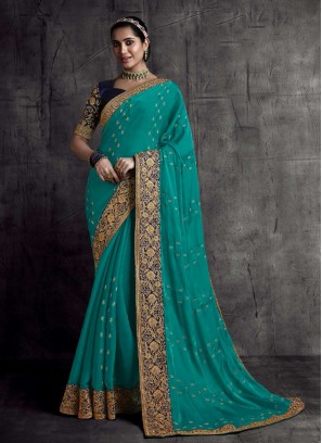 Turquoise Color Silk Lace Border Saree