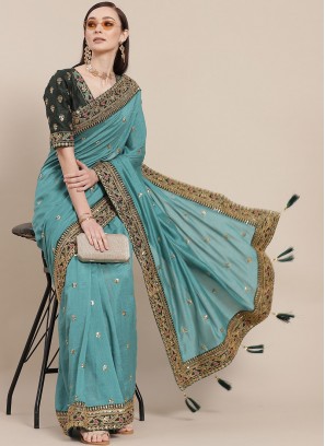 Turquoise Color Silk Saree With Designer Blouse
