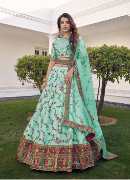 Turquoise Color Silk Thread Work Wedding Lehenga