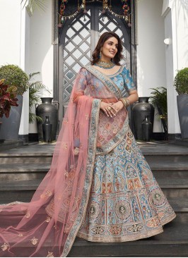 Turquoise Color Velvet Embroidered Lehenga