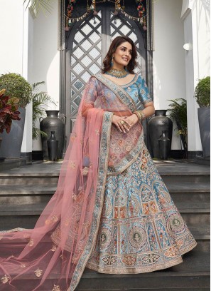 Turquoise Color Velvet Embroidered Lehenga