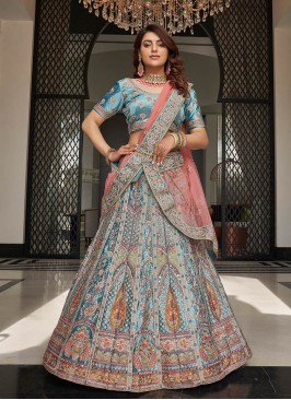 Turquoise Color Velvet Embroidered Lehenga