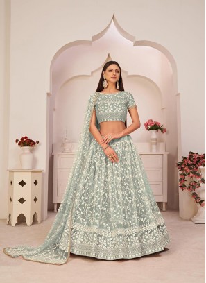 Turquoise Colour Mono Net Embroidered Work Lehenga