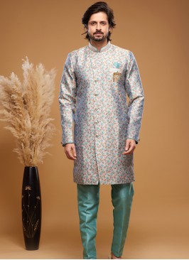 Turquoise Elegance: Banarasi Jacquard Semi-Indo Western Ensemble.