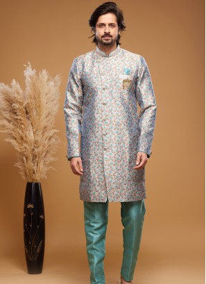 Turquoise Elegance: Banarasi Jacquard Semi-Indo Western Ensemble.