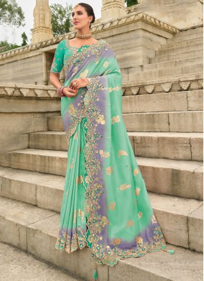 Turquoise Embroidered Classic Saree
