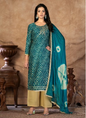 Turquoise Embroidered Cotton Trendy Suit